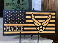 Personalized US Air Force Wooden Flag, perfect for deployment or retirement. Aim High, USAF