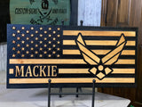 Personalized US Air Force Wooden Flag, perfect for deployment or retirement. Aim High, USAF