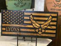 Personalized US Air Force Wooden Flag, perfect for deployment or retirement. Aim High, USAF