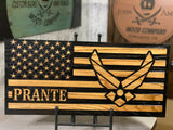 Personalized US Air Force Wooden Flag, perfect for deployment or retirement. Aim High, USAF