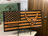 Personalized US Air Force Wooden Flag, perfect for deployment or retirement. Aim High, USAF