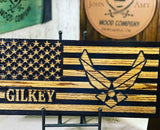 Personalized US Air Force Wooden Flag, perfect for deployment or retirement. Aim High, USAF