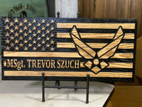 Personalized US Air Force Wooden Flag, perfect for deployment or retirement. Aim High, USAF