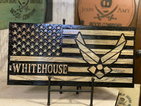 Personalized US Air Force Wooden Flag, perfect for deployment or retirement. Aim High, USAF